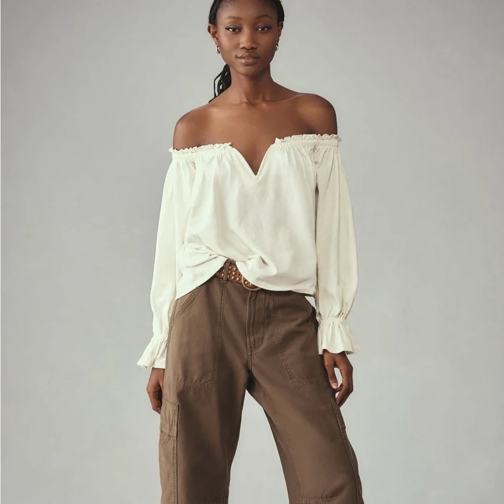 NWT Anthropologie Cream Off-Shoulder Swing Blouse - Picture 3 of 11